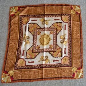 M.Frey Wille Silk Scarf Cream, Gold, Brown Winged Horse, Greek Key 35" Square